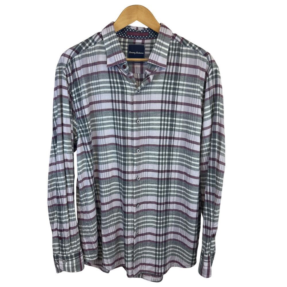 TOMMY BAHAMA 100% Cotton Long Sleeve Flannel Shirt‎  Purple Gray Plaid Men's L